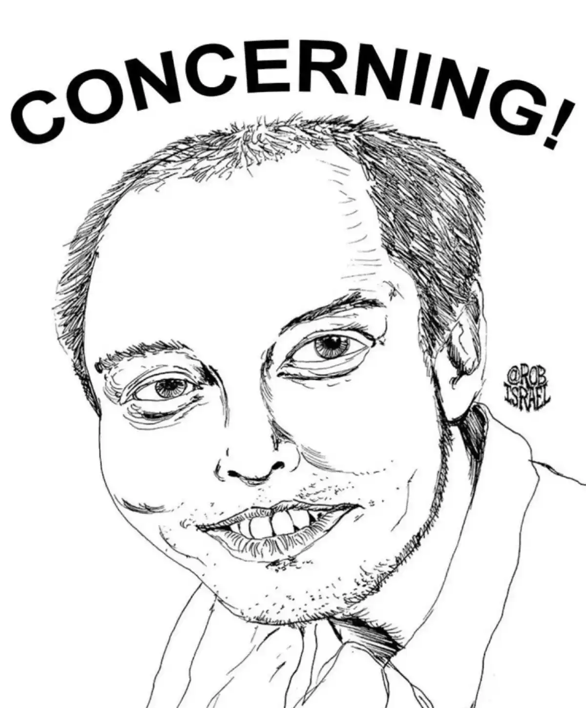 A black-and-white sketch shows a man with a wide, toothy grin and slightly bulging eyes, looking directly at the viewer. The…