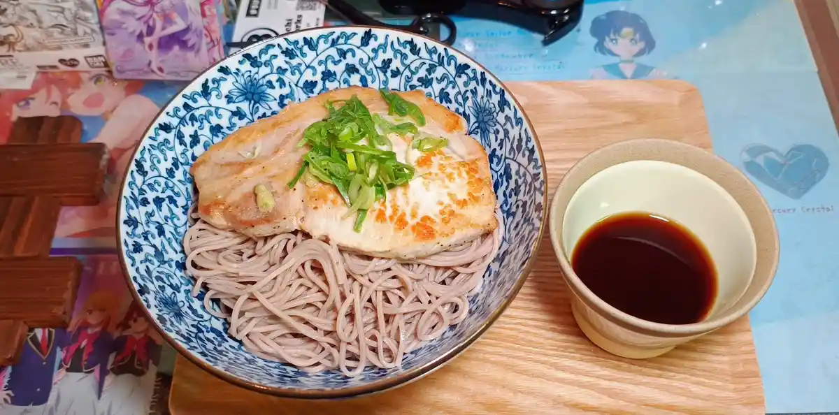 a close-up photo of a bowl of soba noodles topped with a grilled chicken breast and chopped green onions, served with a…