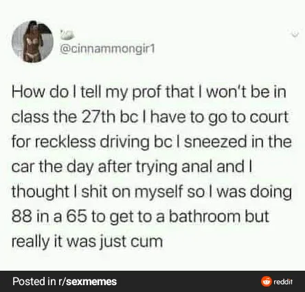 A screenshot of a Reddit post from user @cinnammongir1, showing a long, absurdly self-explanatory excuse for missing class…