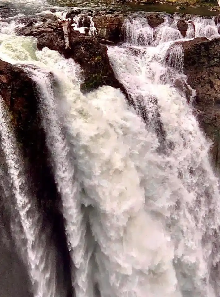 A close-up photograph of a powerful, turbulent waterfall cascading over dark, mossy rocks, with white, frothy water…