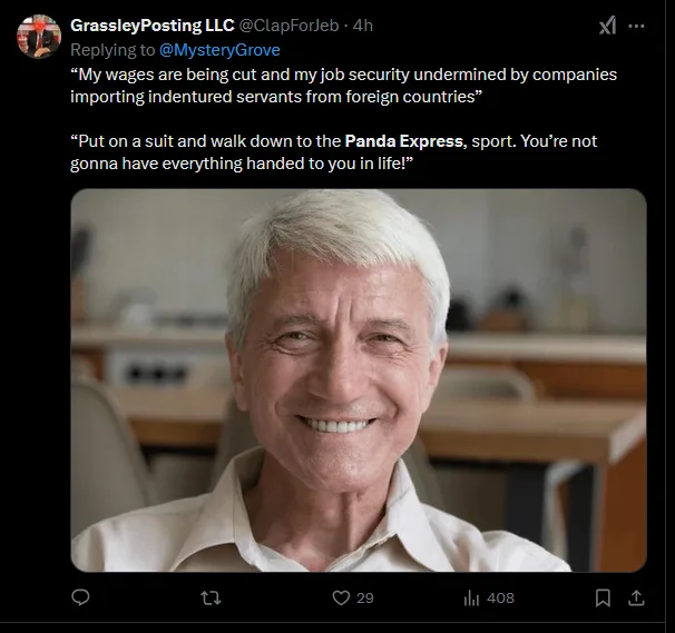 A screenshot of a tweet from 'GrassleyPosting LLC' showing a photo of a smiling older white man with white hair wearing a…