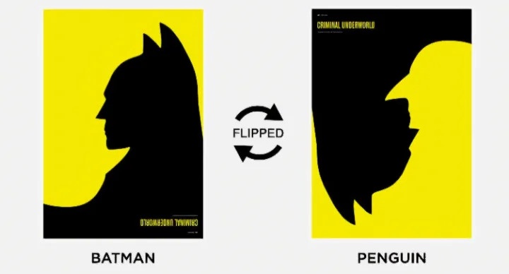 The image displays two minimalist movie posters side by side. The left poster shows a black silhouette of Batman's head in…