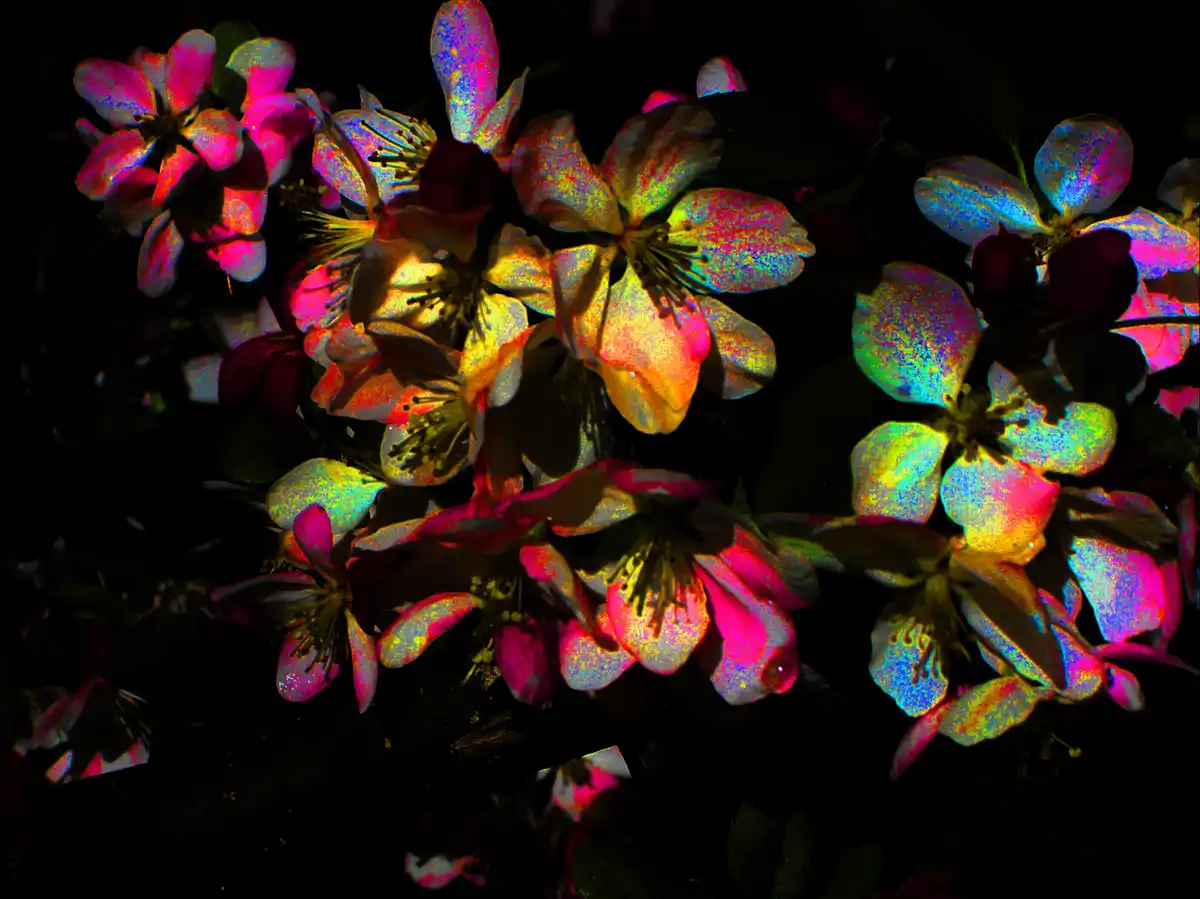 A dark photograph of blossoming flowers with a heavy chromatic aberration and glitch effect, making them appear iridescent…