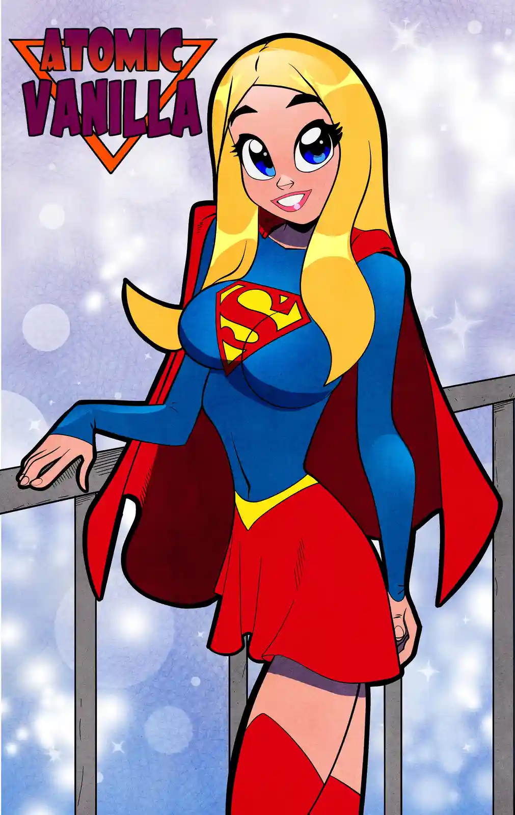 A cartoon woman with blonde hair and blue eyes wears a blue and red superhero costume with a yellow 'S' emblem, leaning…