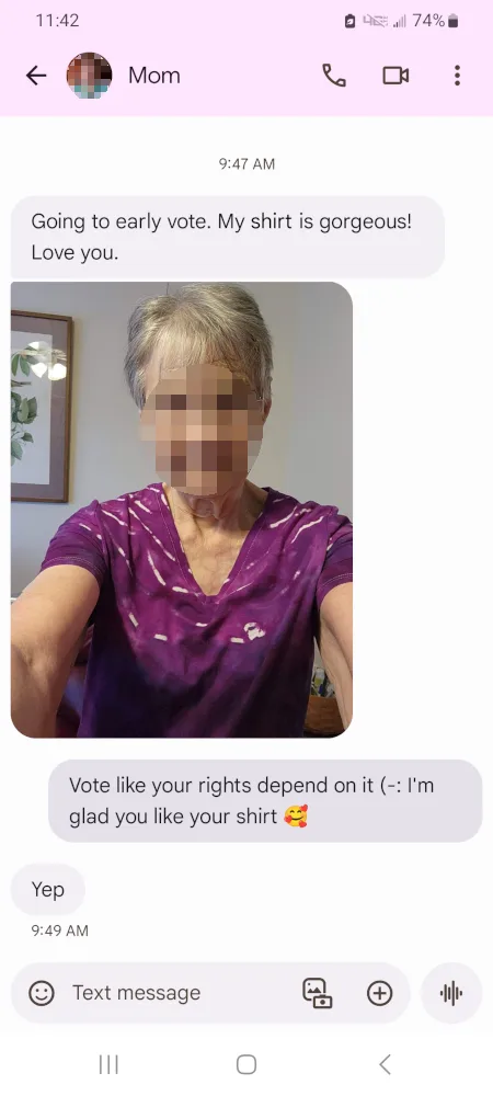 A screenshot of a text conversation with 'Mom' shows her sending a selfie wearing a purple shirt and saying she's going to…