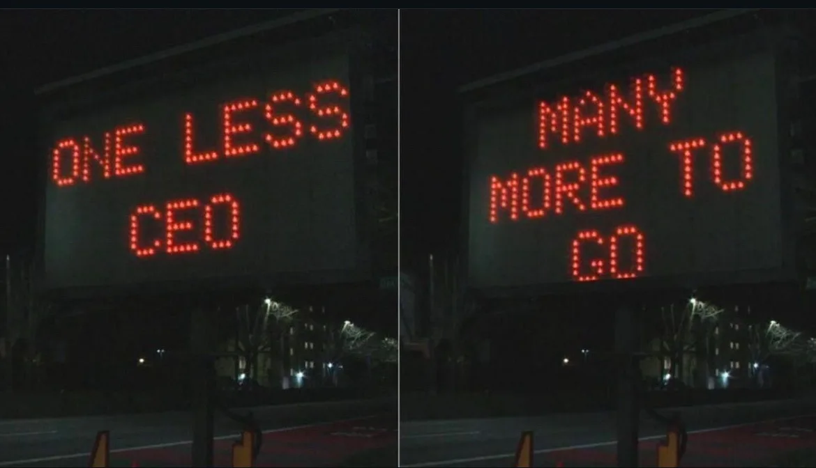 Two side-by-side nighttime photos of a large digital billboard displaying red LED text. The left image reads 'ONE LESS CEO'…