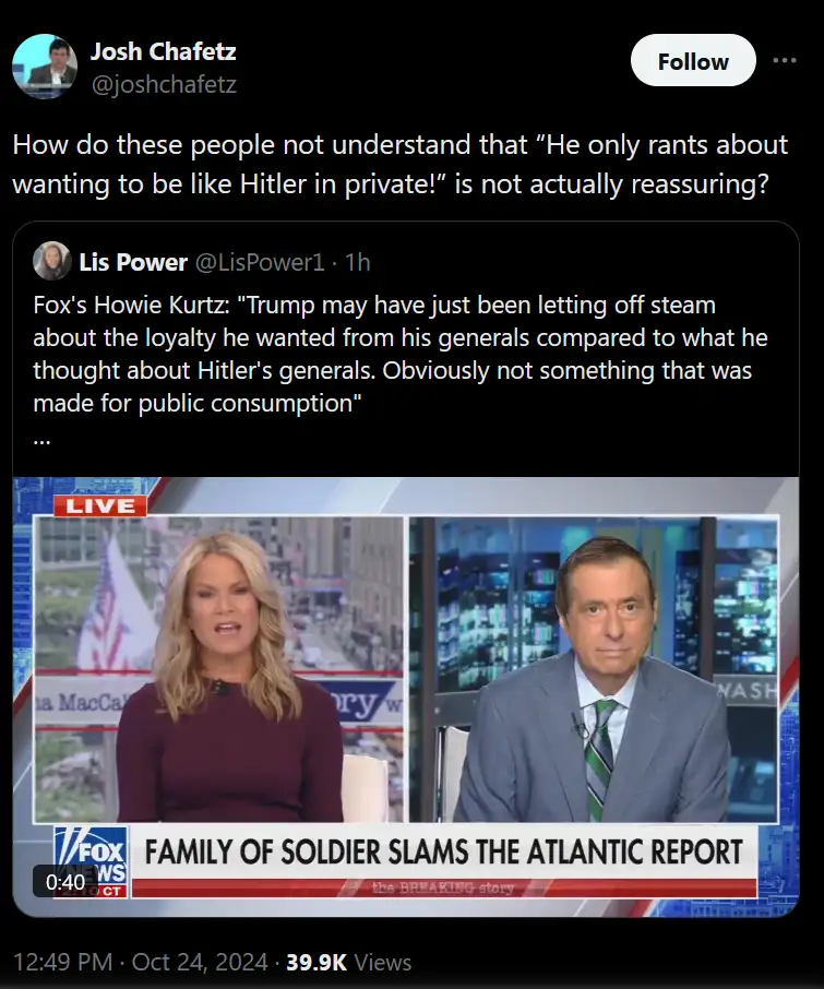 A screenshot of a Twitter thread by Josh Chafetz, showing a tweet from Lis Power quoting Fox News host Howie Kurtz. The…