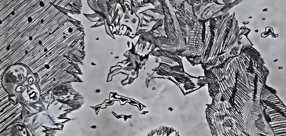 A black-and-white manga panel shows a terrified, bald man on the left with wide eyes and an open mouth, recoiling from a…