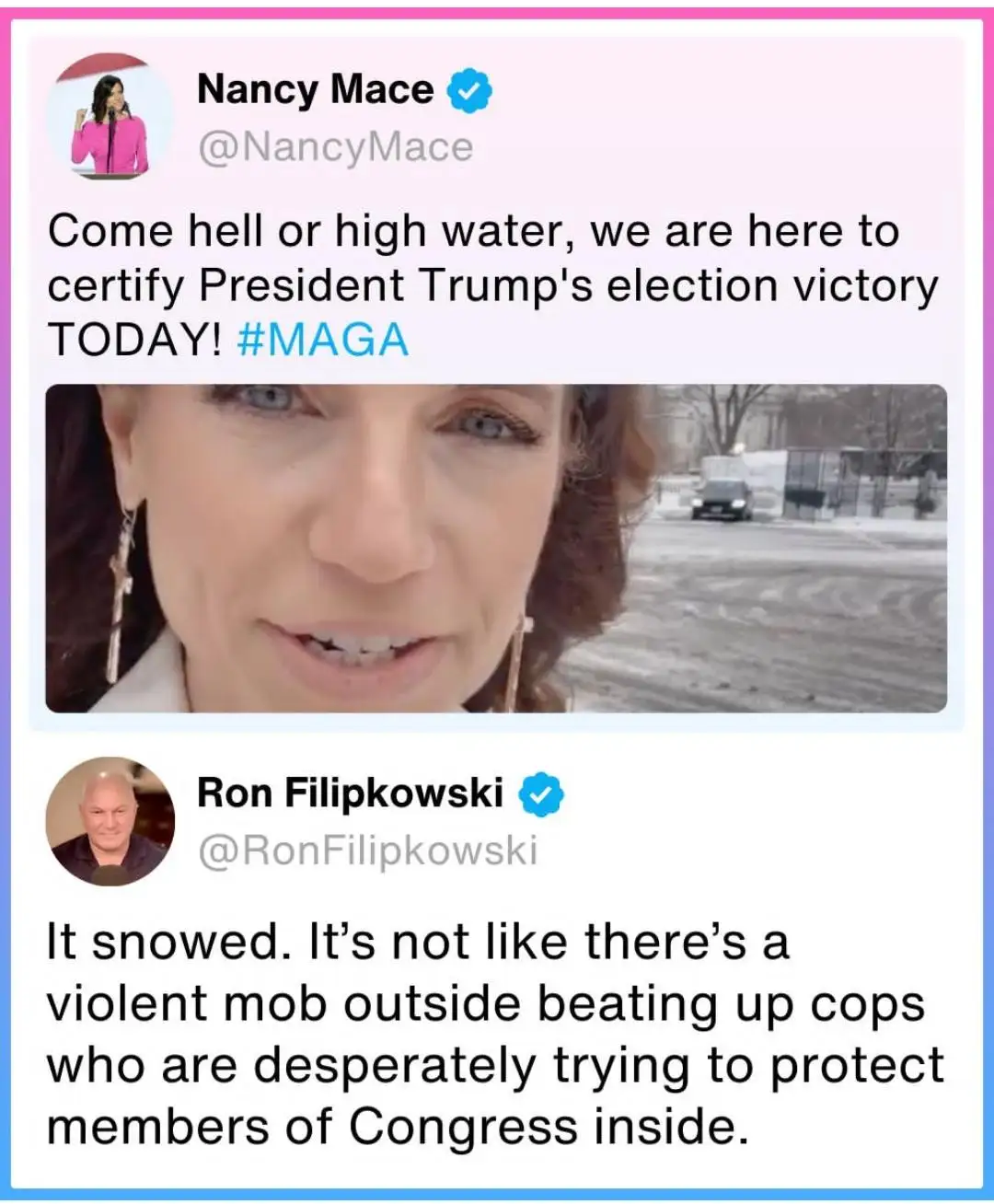 The image displays two Twitter posts. The top post from Nancy Mace shows her speaking with a snowy background and declares…