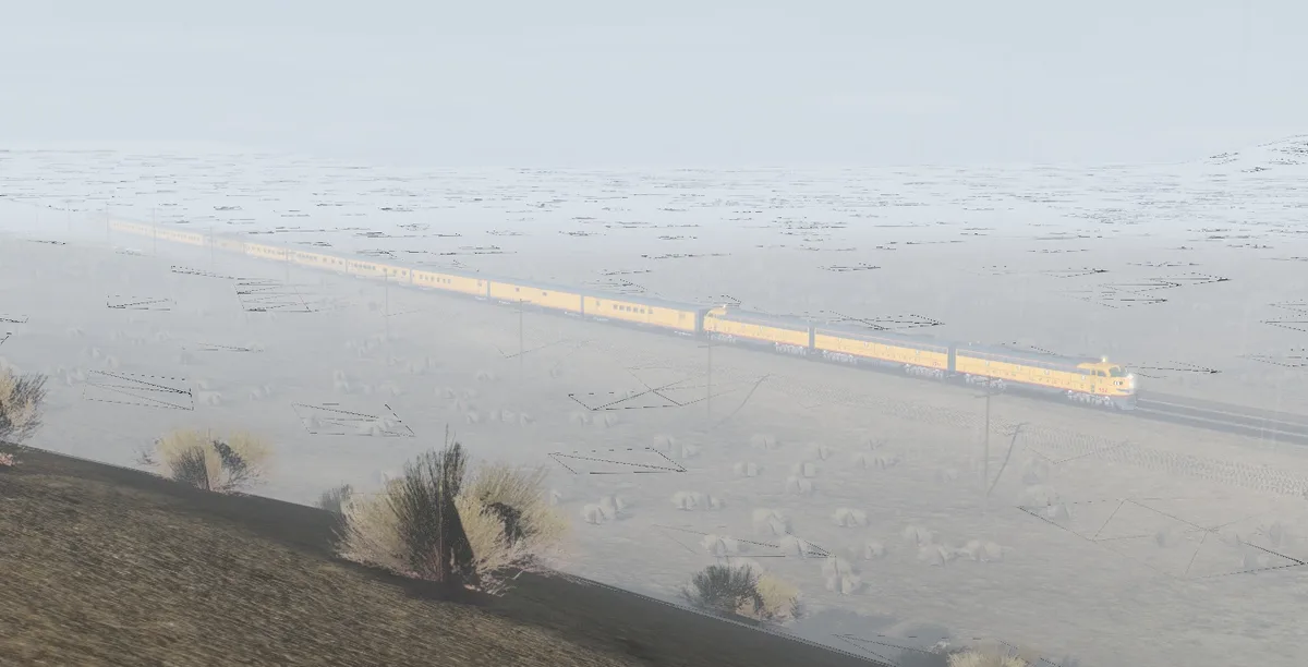 A long yellow train travels across a vast, snowy, and barren landscape under a hazy sky. The image has a faint overlay of…