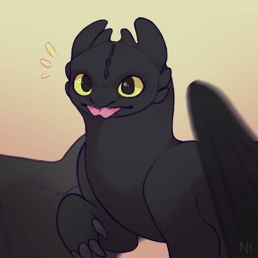 A cartoon illustration of Toothless, the black dragon from How to Train Your Dragon, looking cute and slightly embarrassed…