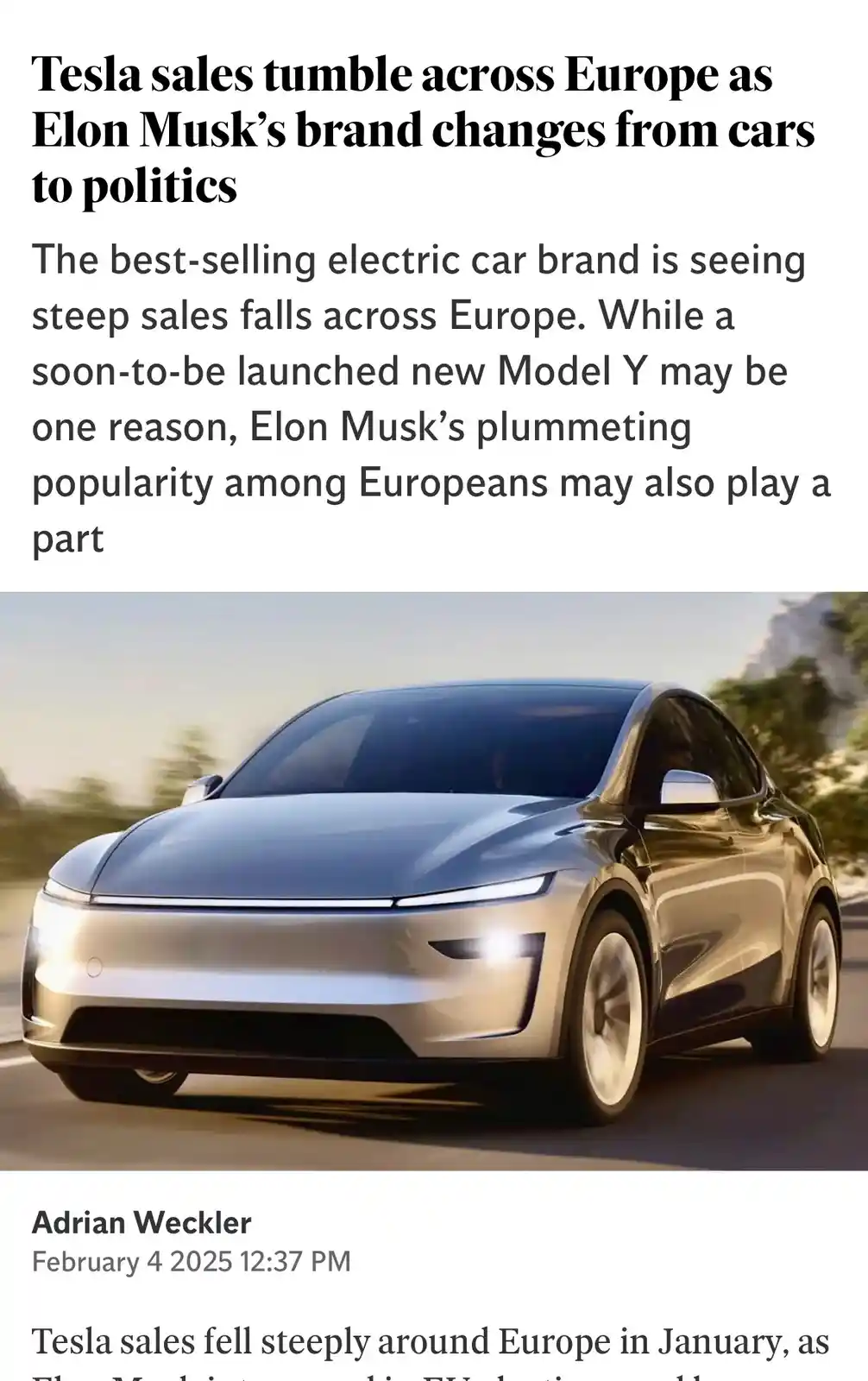 A screenshot of a news article shows a silver Tesla Model Y driving on a road. The headline reads 'Tesla sales tumble across…