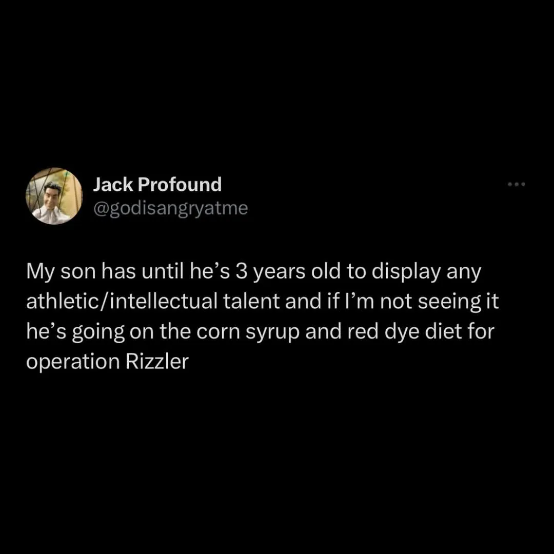 A screenshot of a tweet by Jack Profound (@godisangryatme) with a black background and white text. The tweet humorously…