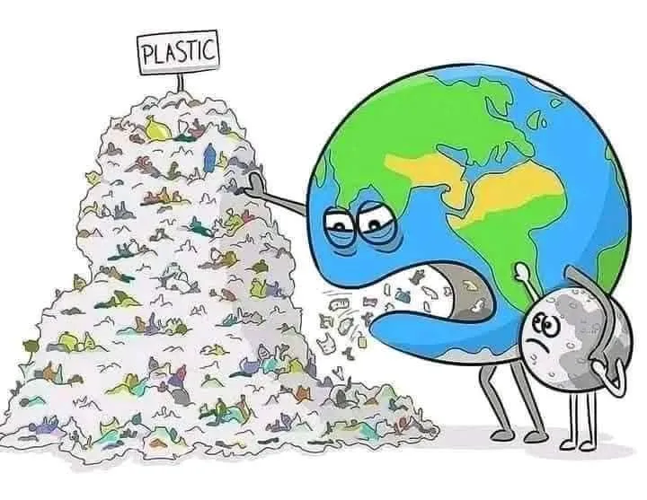 A cartoon Earth with a sad, tired expression is shown pushing a giant pile of colorful plastic waste labeled 'PLASTIC' while…