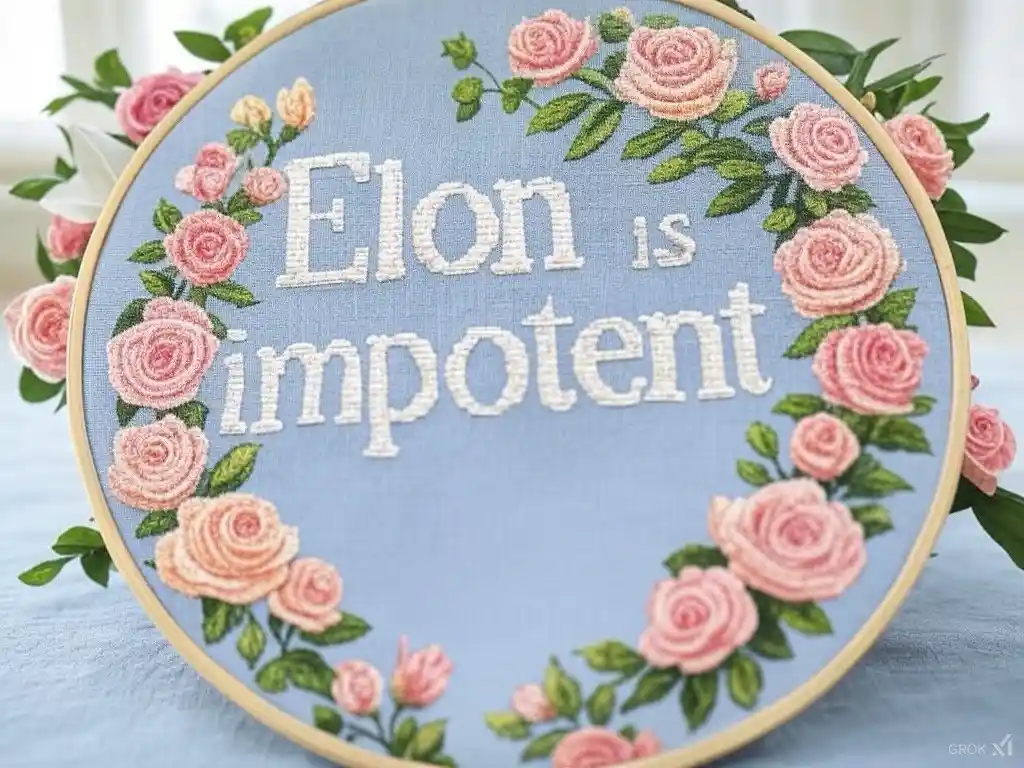 A close-up of a light blue embroidery hoop featuring the phrase 'Elon is impotent' stitched in white thread, surrounded by a…