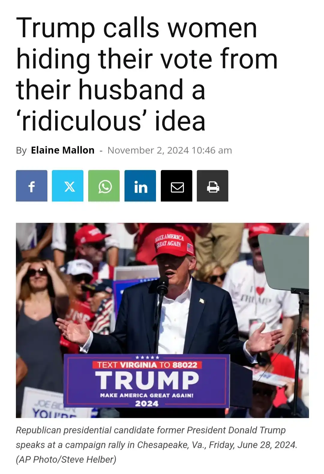 A screenshot of a news article with the headline 'Trump calls women hiding their vote from their husband a ‘ridiculous’…