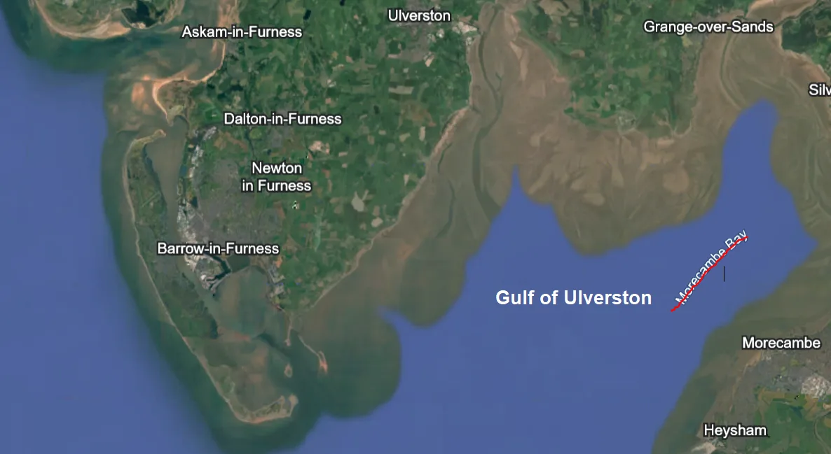 A satellite map image shows the Gulf of Ulverston with labeled towns like Ulverston, Barrow-in-Furness, and Morecambe. A red…