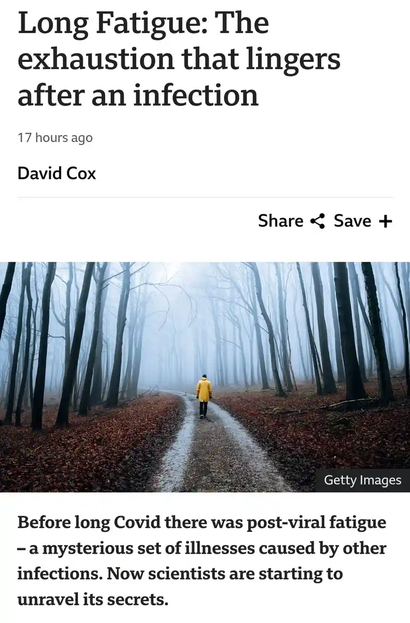 A screenshot of a news article titled 'Long Fatigue: The exhaustion that lingers after an infection' by David Cox, featuring…
