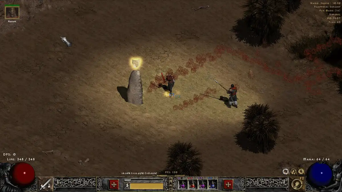 A screenshot from the game Diablo II shows a character named Razan standing next to a glowing stone pillar in a desert…