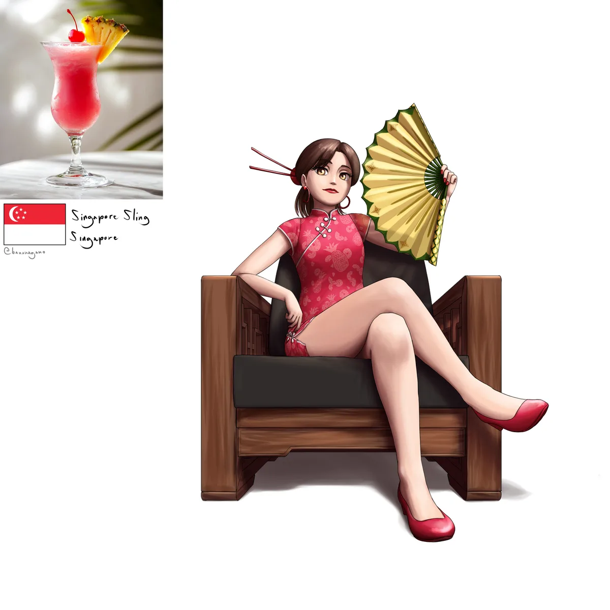 A split image shows a pink Singapore Sling cocktail garnished with a pineapple wedge and cherry next to the Singapore flag…