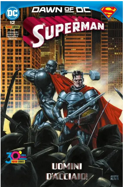The cover of a 'Dawn of DC' Superman comic book (issue #12) shows Superman in his classic red and blue costume with a red…