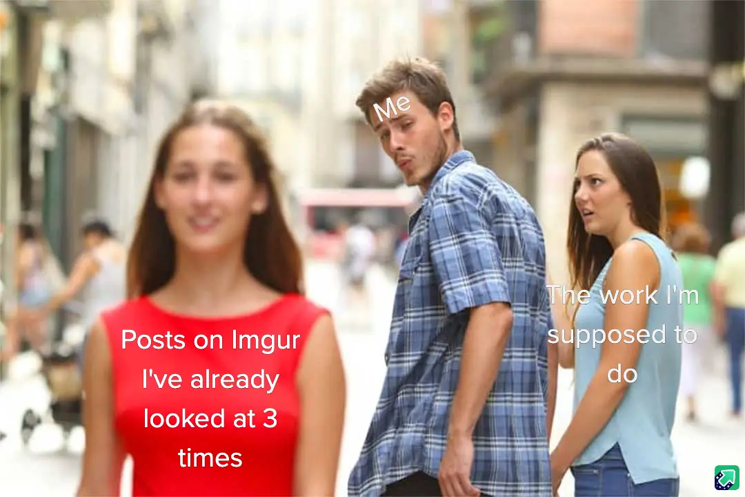 A man labeled 'Me' stands on a street, looking away from a blurred woman in a red top labeled 'Posts on Imgur I've already…