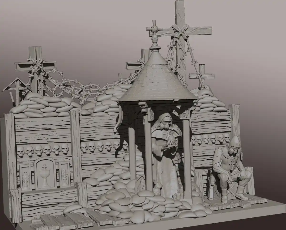 A grayscale 3D model depicts a grim, war-torn chapel surrounded by sandbags and barbed wire, with skulls lining the walls…