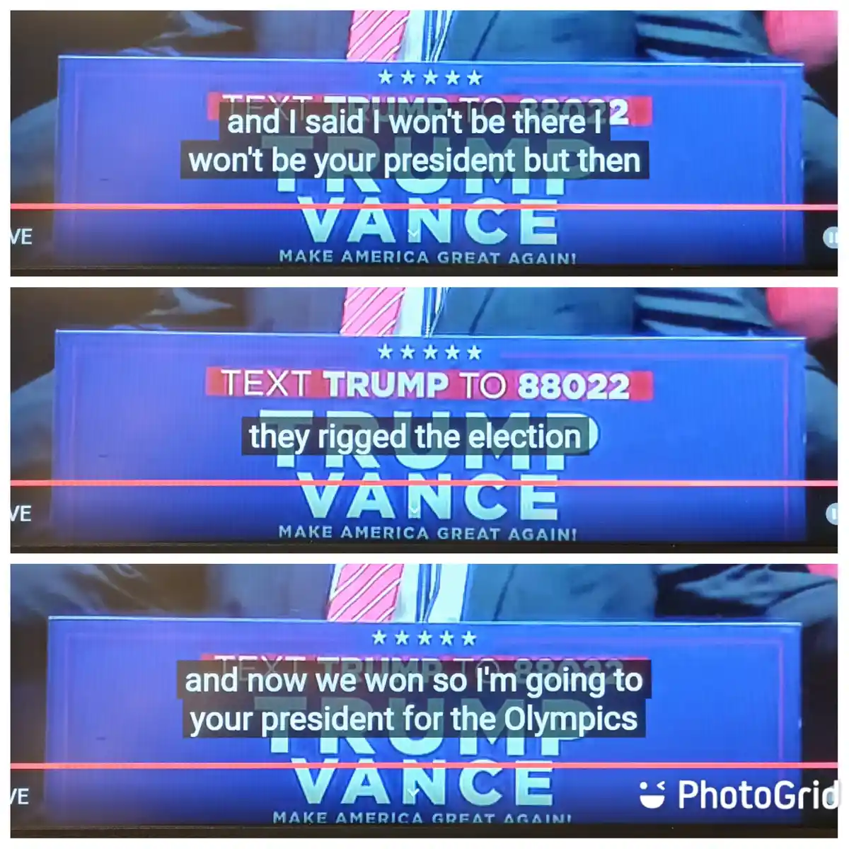 The image is a three-panel meme using a blue campaign sign that reads 'TEXT TRUMP TO 88022' and 'TRUMP VANCE MAKE AMERICA…