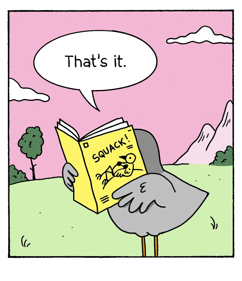 A cartoon grey bird stands in a grassy field under a pink sky, holding a yellow book titled 'SQUACK!' with a duck…