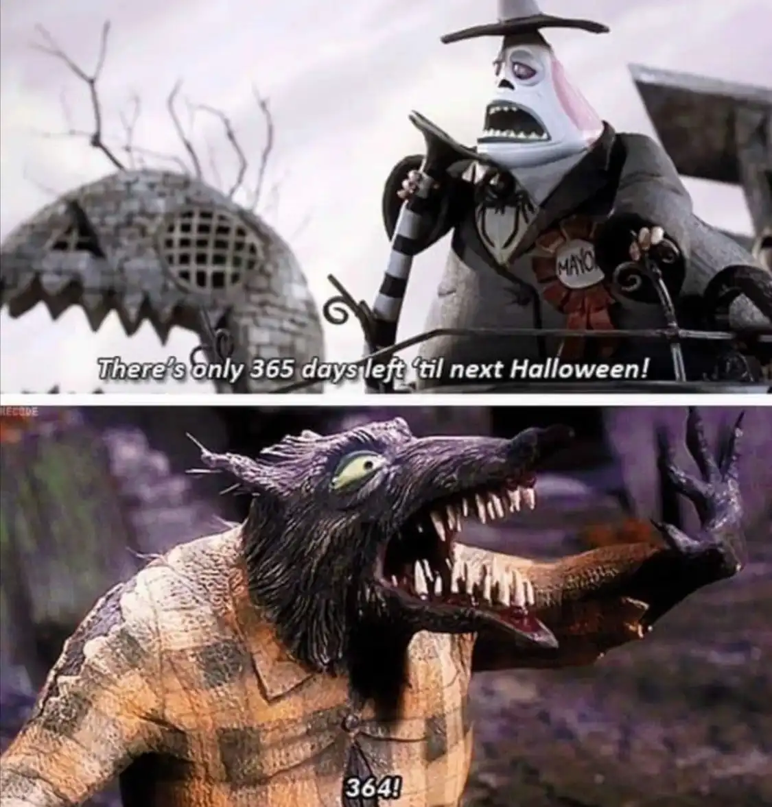 The top panel shows Jack Skellington, the skeletal mayor from 'The Nightmare Before Christmas,' shouting from a podium with…