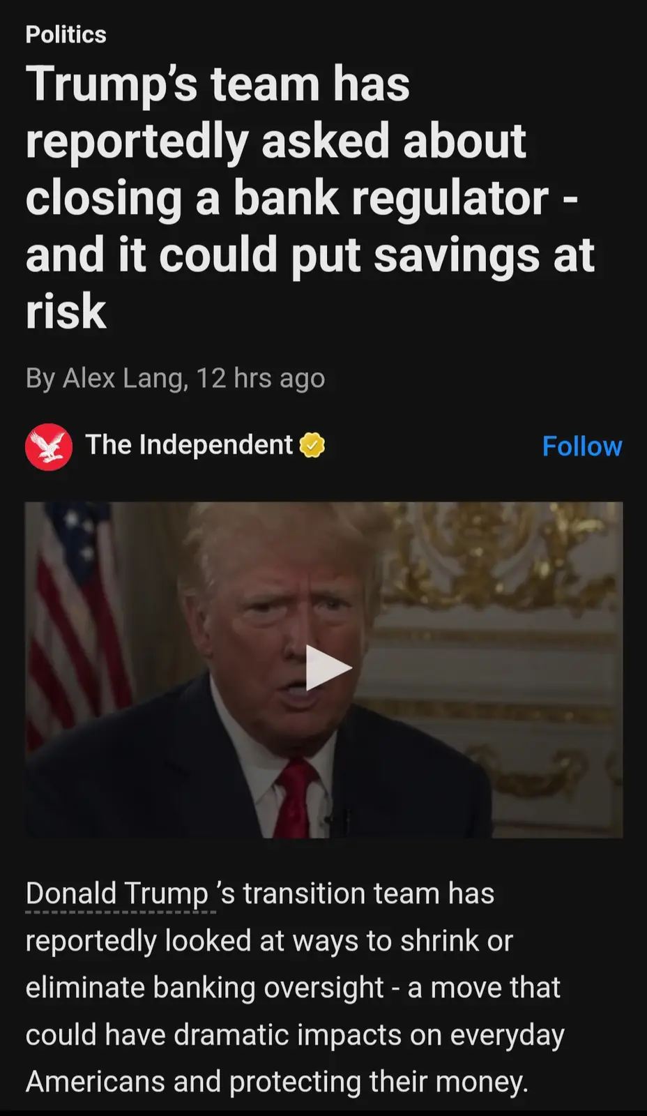 A screenshot of a news article from The Independent with a headline about Trump's team reportedly asking to close a bank…