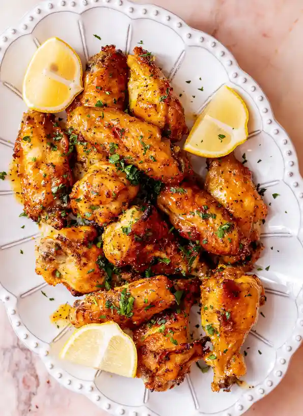 A top-down photo shows a white, scalloped plate filled with golden-brown, glazed chicken wings garnished with chopped green…