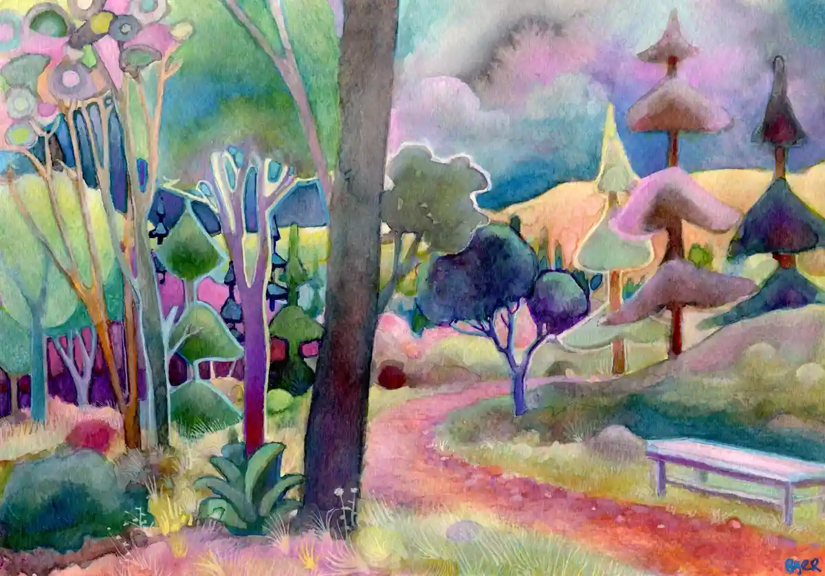 A colorful, stylized watercolor painting of a forest path with trees, hills, and a bench, overlaid with the text 'i'm not…