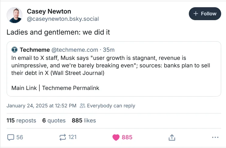 A screenshot of a social media post by Casey Newton showing a tweet from Techmeme about Elon Musk's email to X staff stating…