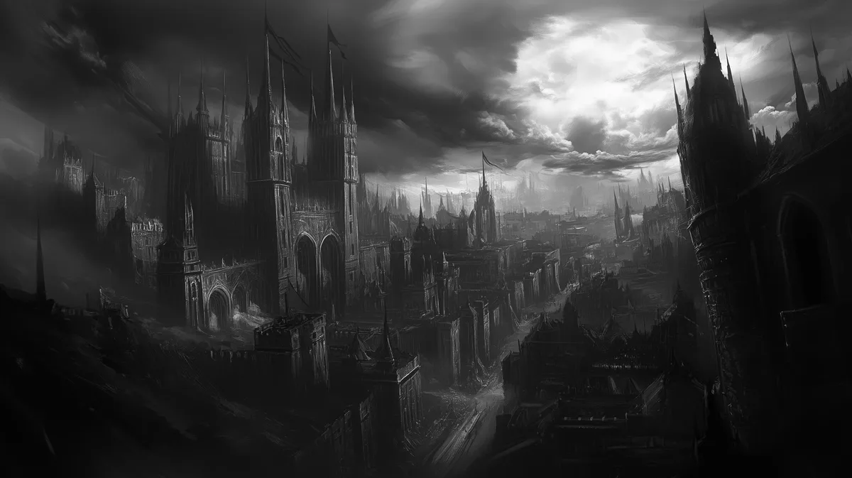 A dramatic black-and-white fantasy illustration depicts a sprawling, gothic cityscape with towering spires, dark clouds, and…