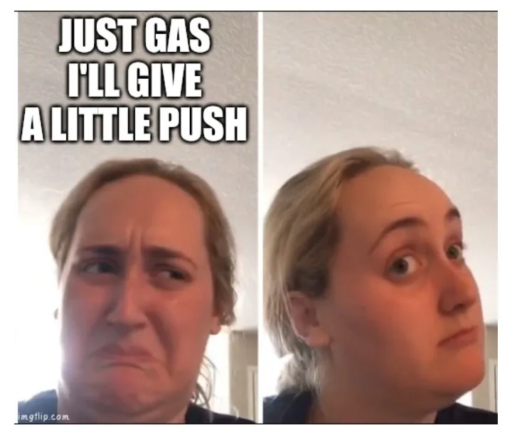 The image is a split-screen showing a woman with a strained, grimacing expression on the left and a wide-eyed, startled…