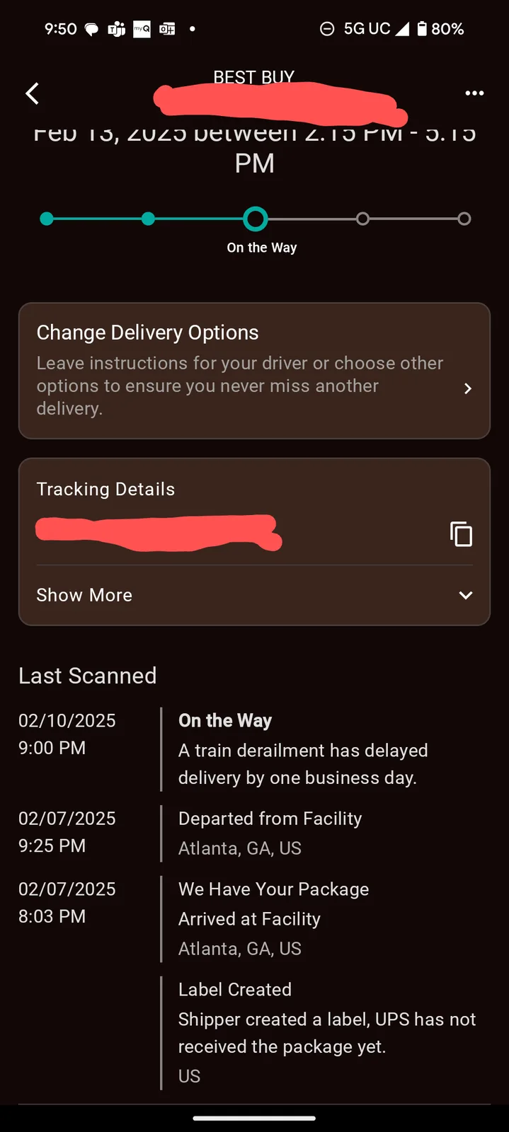 A screenshot of a delivery tracking app shows a package status as 'On the Way' with a note that 'A train derailment has…