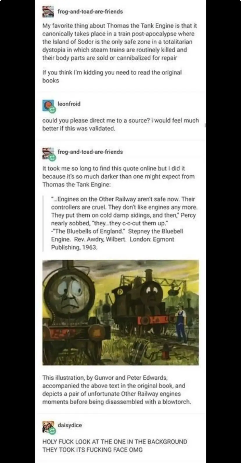 A screenshot of a Reddit thread where users discuss the dark, dystopian themes in the original Thomas the Tank Engine books…