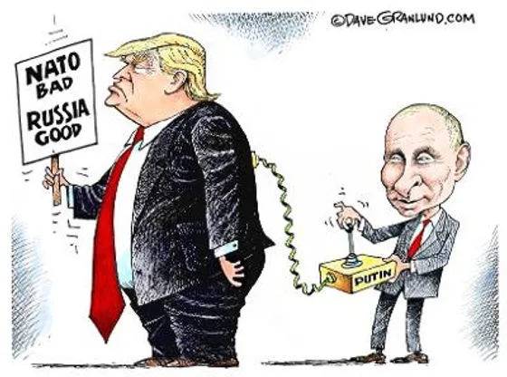 A cartoon depicts Donald Trump holding a sign reading 'NATO BAD RUSSIA GOOD' while being physically pulled backward by…