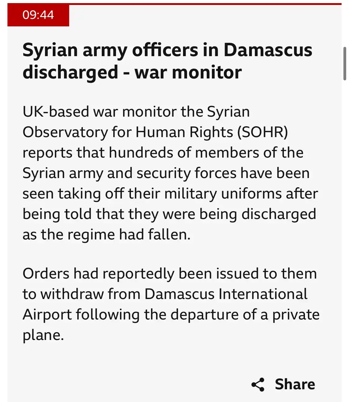 A screenshot of a news article from a war monitor, showing a headline about Syrian army officers being discharged in…