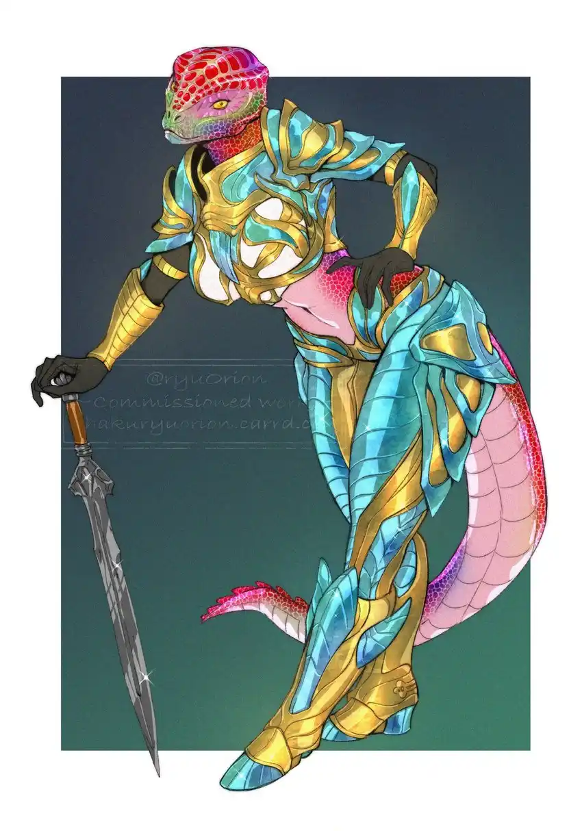 A colorful, anthropomorphic lizard character in ornate blue and gold armor poses confidently with a sword, one hand on hip…