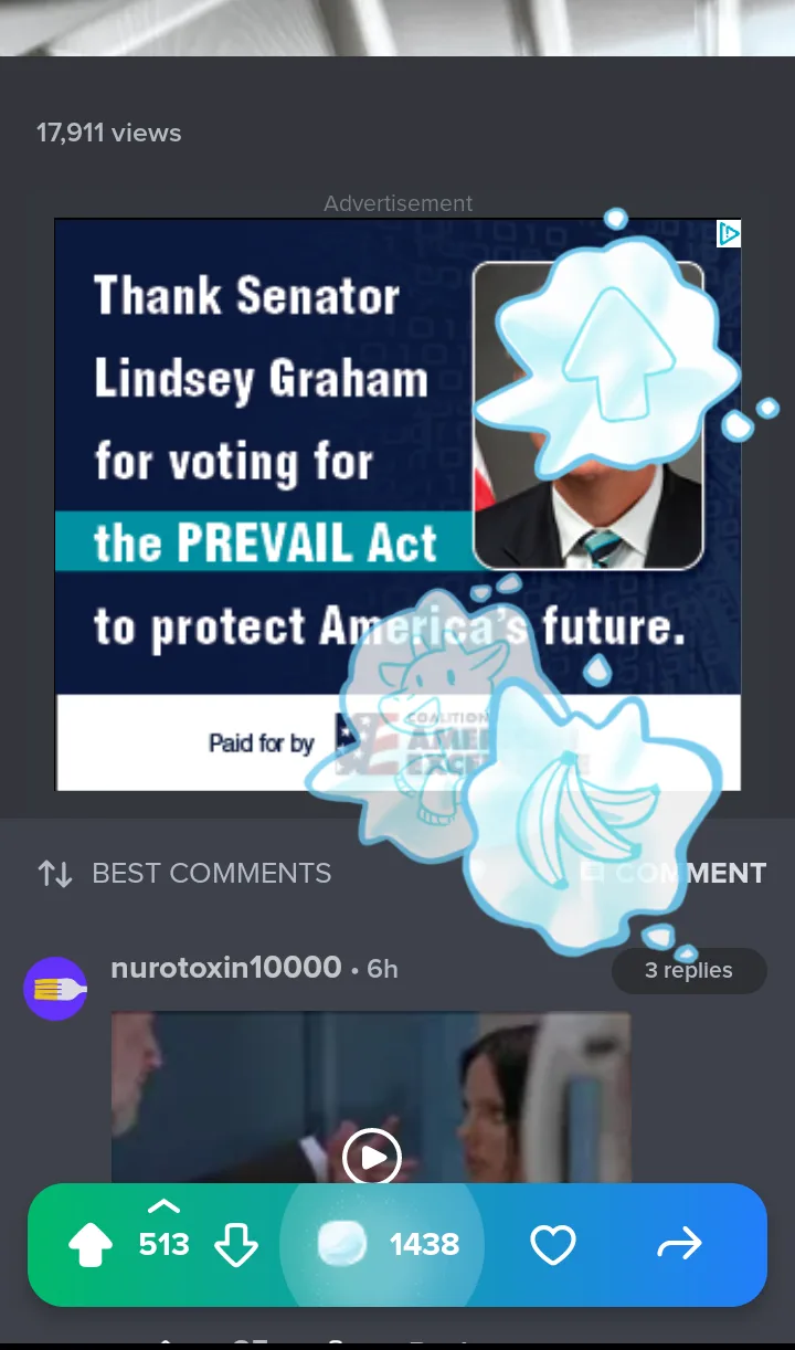 A screenshot of a YouTube video interface showing a political ad thanking Senator Lindsey Graham for voting for the PREVAIL…