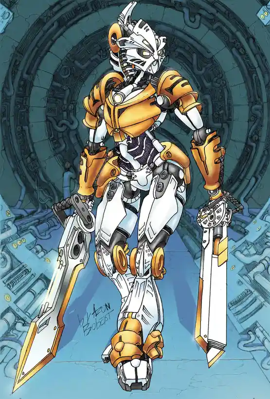 A stylized robot with white and orange armor stands in a circular, mechanical chamber, holding two large swords. The robot…