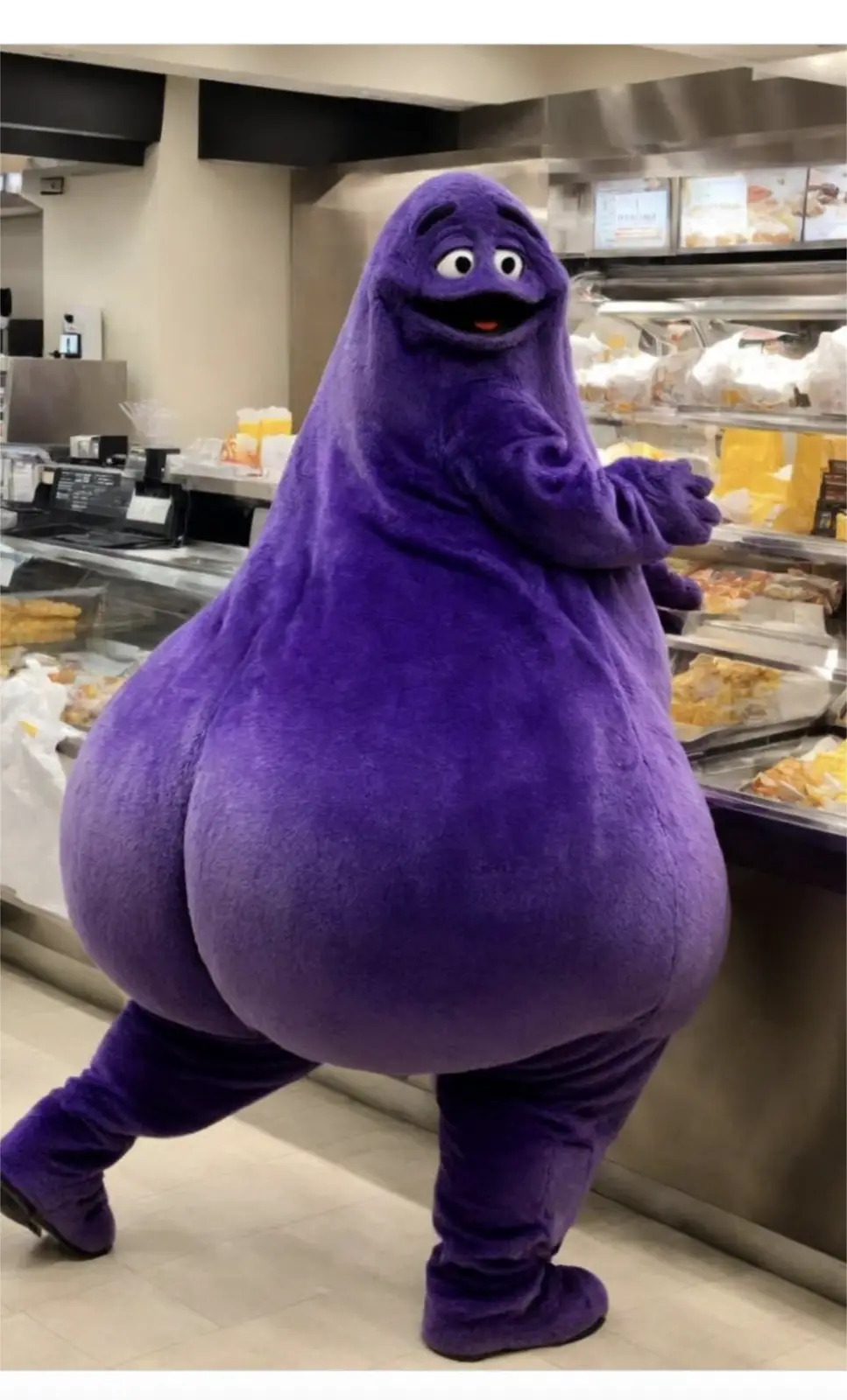 A person in a large, purple, amorphous mascot costume with a wide, rounded rear is standing in a bakery or deli, facing away…