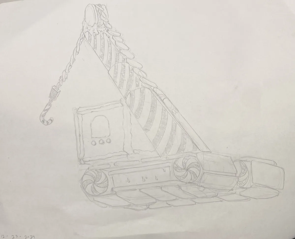 A pencil sketch of a gingerbread house with candy cane decorations, but its base is a tank with treads and large wheels…