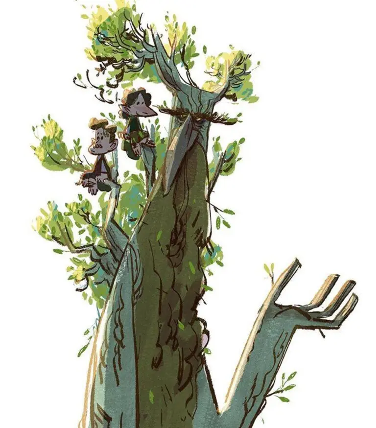 An illustration shows two cartoonish children sitting high up in the branches of a large, stylized tree. The tree has a…