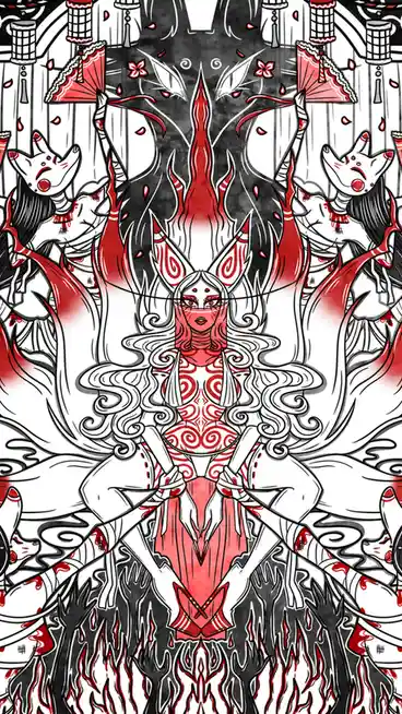 A symmetrical, stylized illustration depicts a central female figure with fox-like ears, red markings, and flowing white…