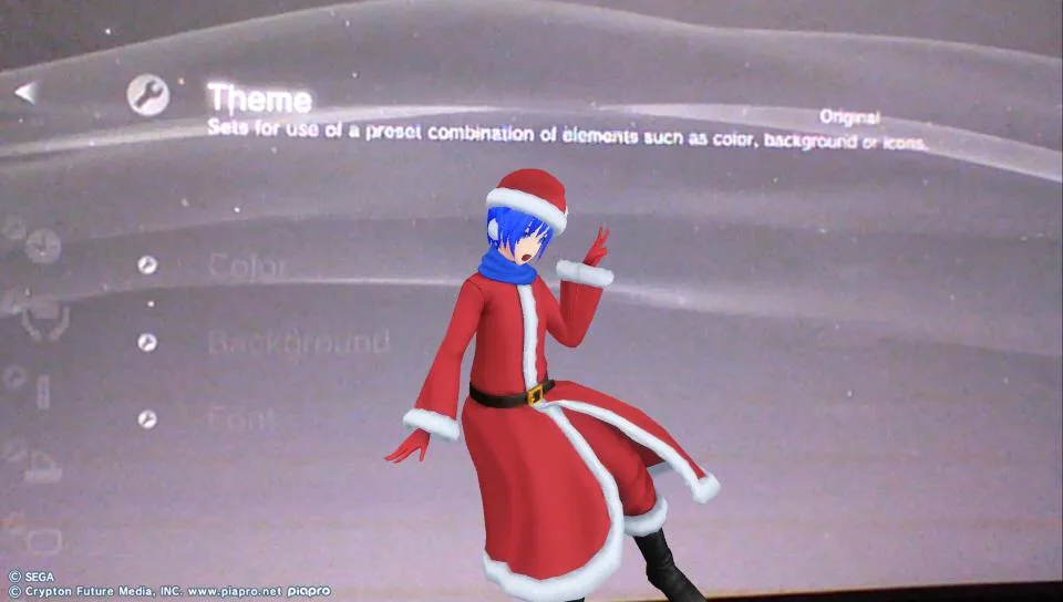 A blue-haired anime character in a red and white Santa outfit is dancing in front of a video game menu screen labeled…