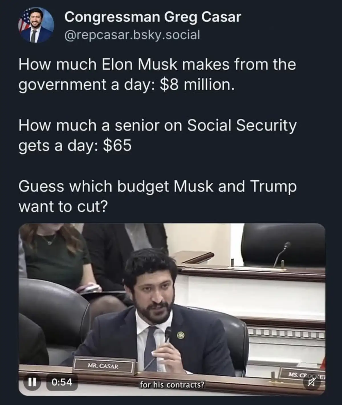 A screenshot of a social media post by Congressman Greg Casar, which presents a comparison: Elon Musk receives $8 million…