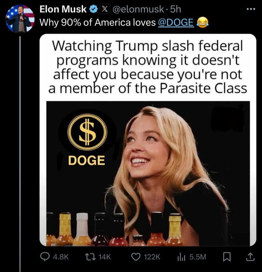 A screenshot of a tweet by Elon Musk showing a meme image. The meme features a photo of a smiling blonde woman looking…